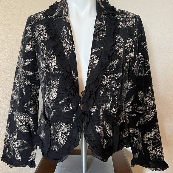 Floral Print Ruffled Neck Long Sleeved Jacket - Size L - Picture 1 of 8